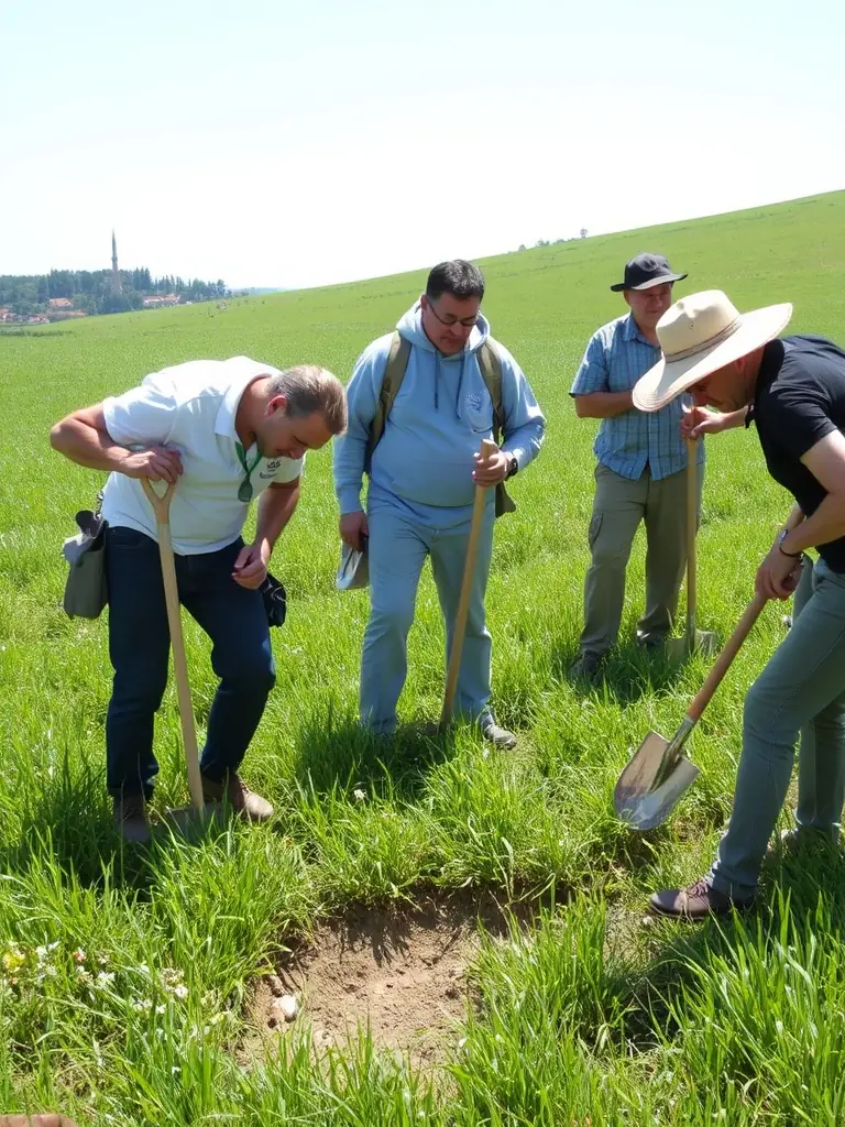 A photograph of ASPAA members conducting an archaeological survey in a field in Aveyron, France, with visible excavation tools and site markers.