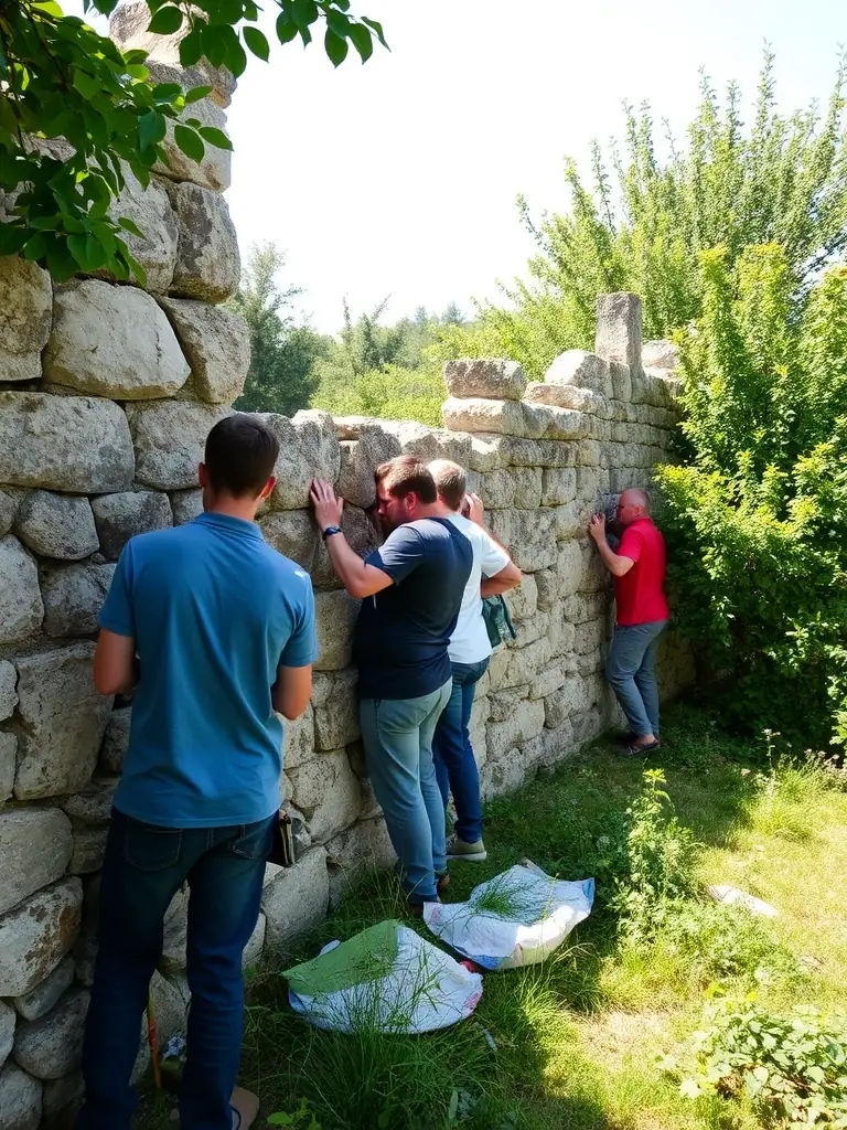 An image of ASPAA members restoring a medieval stone wall at a historical site in Aveyron, demonstrating ASPAA's dedication to preservation projects.