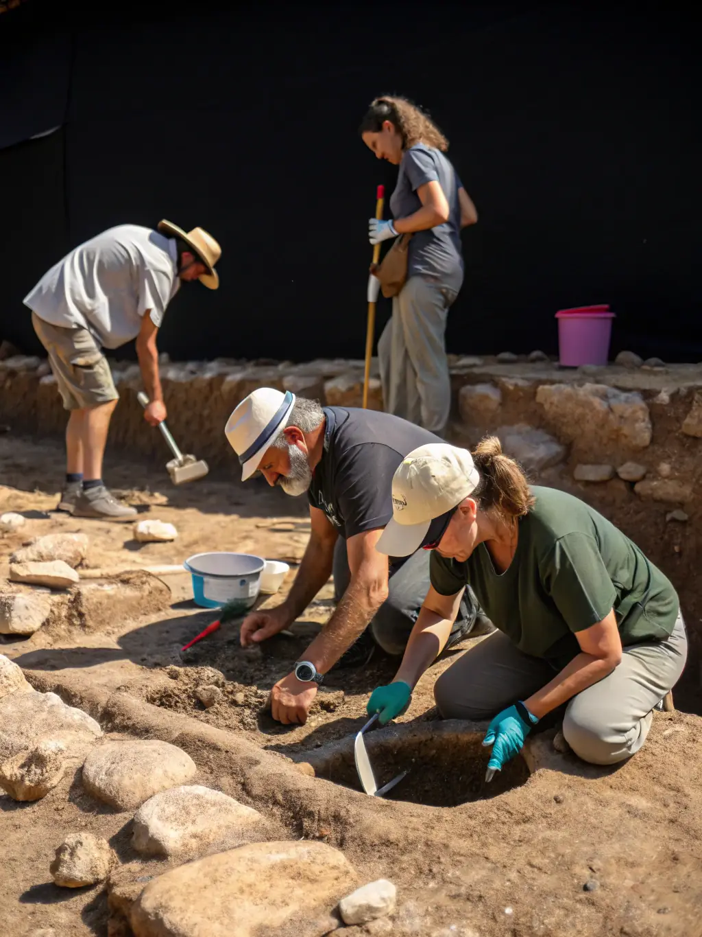 A photo of archaeologists carefully excavating a site in Aveyron, France, revealing ancient pottery shards and tools, highlighting ASPAA's commitment to archaeological surveys.